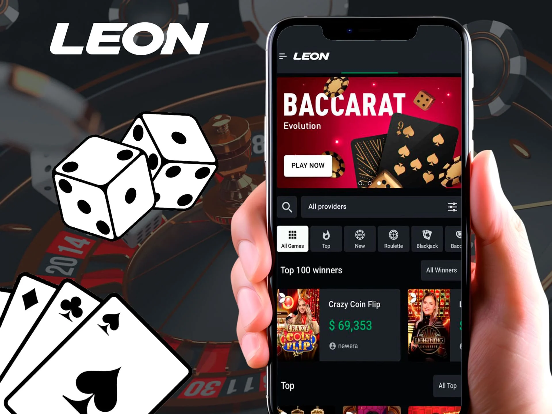 Experience the atmosphere of a real casino and interact with dealers in the LeonBet app on your phone.