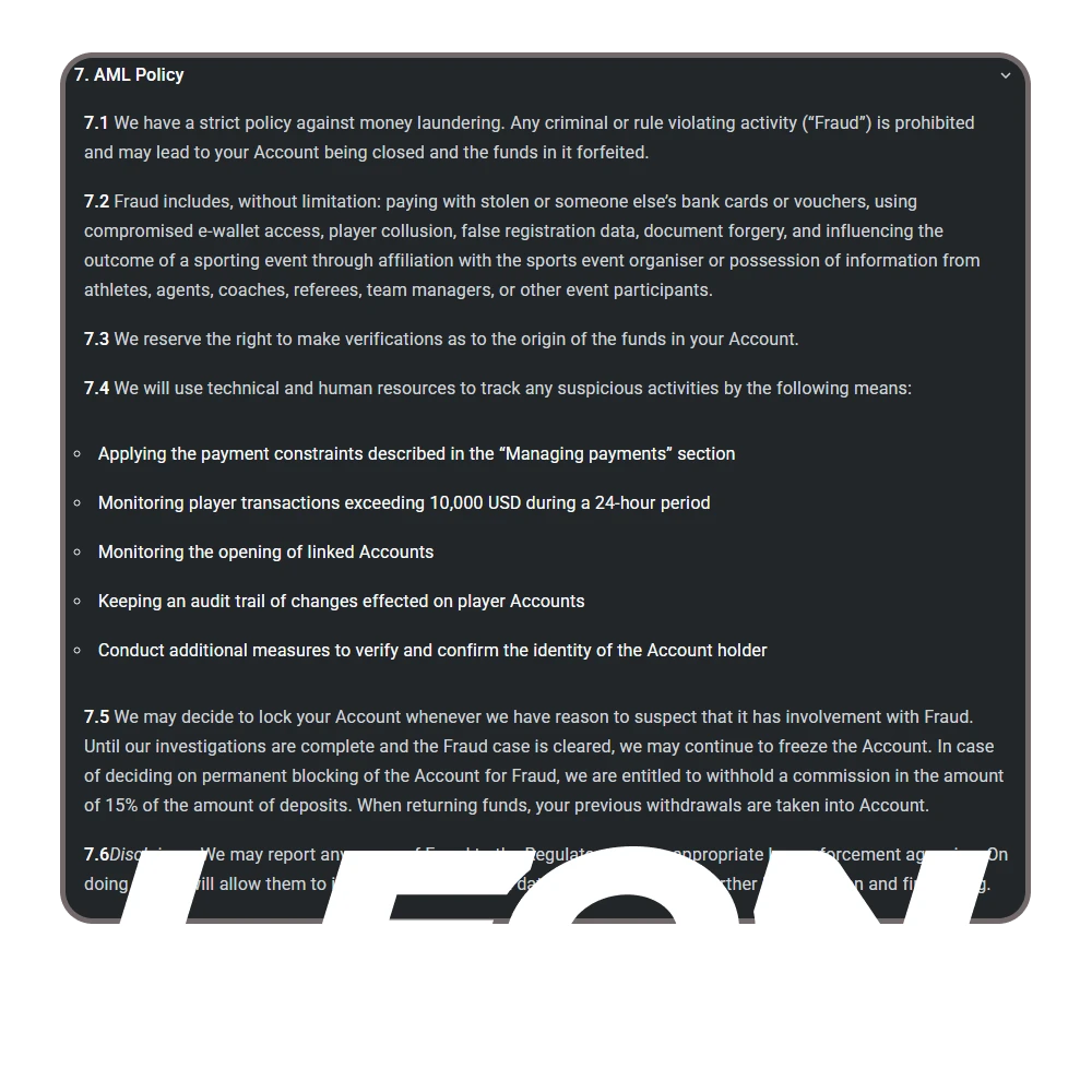 Be sure to study the AML policy on the Leonbet website.