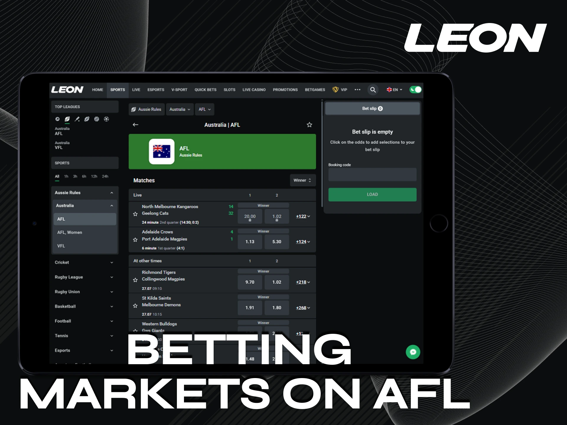 Explore the AFL betting market at Leonbet.