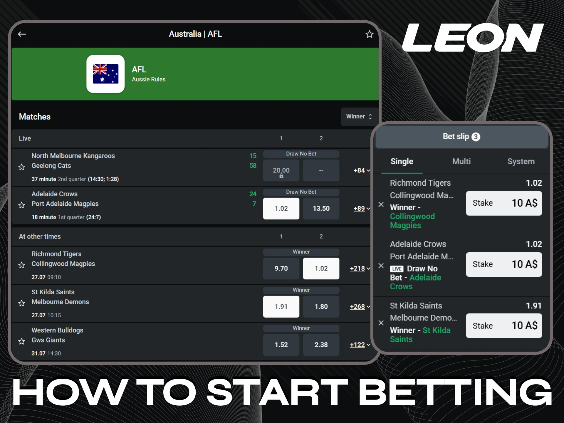 Go to the sports section for betting on Leonbet.