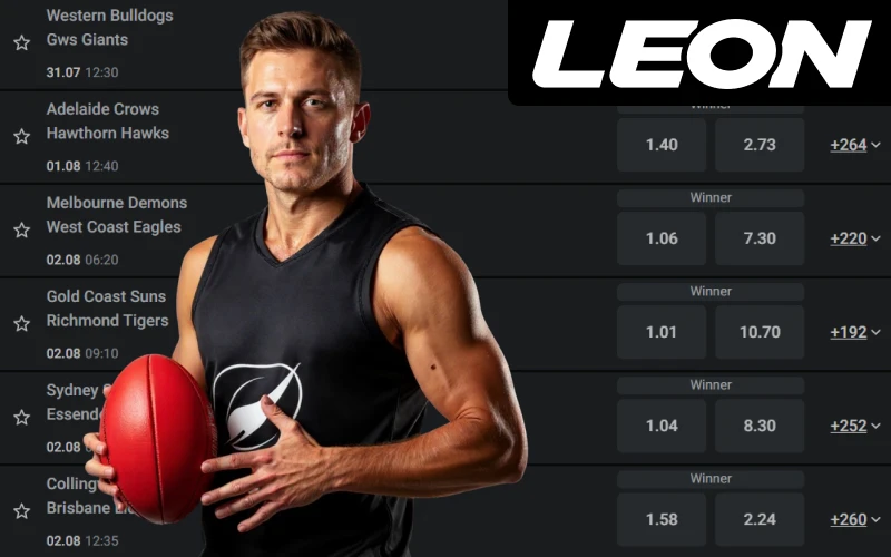 LeonBet offers betting options on Australian Rules Football allowing you to get involved during matches and in advance.