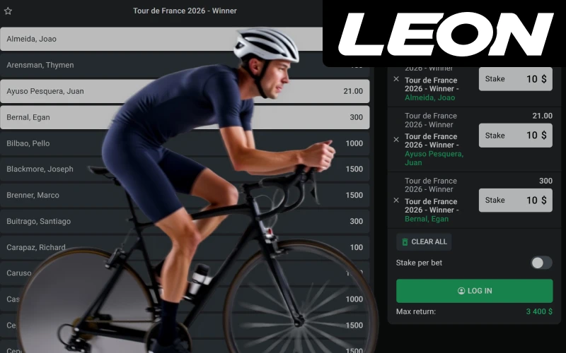 Follow cycling races and bet on winners or stages directly on LeonBet’s platform.